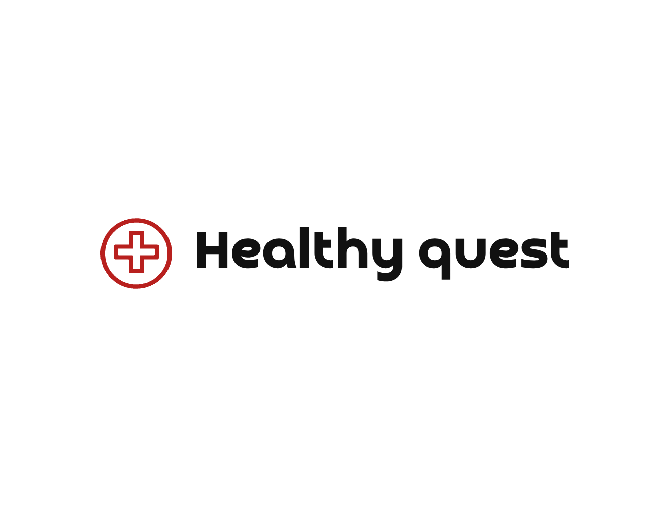 Red circular logo with a red medical cross icon to the left and the words Healthy quest in bold rounded black letters to the right; centered on a white background; conveys a friendly, professional tone promoting health and wellbeing