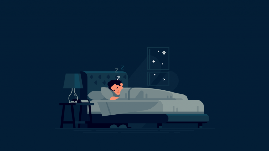 Young adult sleeping on a bed under a blanket with head on a pillow; bedside table with a lamp to the left and a window showing stars and night sky behind; small z letters above the head indicate sleep; dim, tidy bedroom conveying a calm, peaceful, restful mood
